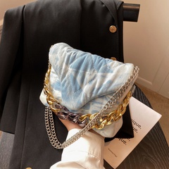 Solid Color Fashion Shopping Denim Chain Magnetic snap Square Dark Blue Light Blue Shoulder Bags