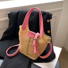 Solid Color Fashion Shopping Straw Weaving Zipper hasp Bucket Type Black Pink Yellow Shoulder Bags