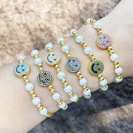 Mode Kupfer Smiley Armband Künstliche Perlen Zirkon Kupfer Armbänder's discount tags