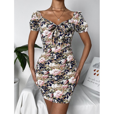 Female Casual Fashion Commute Flower V Neck Short Sleeve Dresses Polyester Printing Straps Above Knee Hip Skirt's discount tags