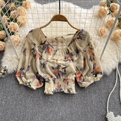 Women'S Casual Flower Polyester Printing Wrap Crop Top Blouses