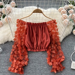 Women'S Casual Solid Color Polyester Net Yarn Wrap Crop Top Blouses