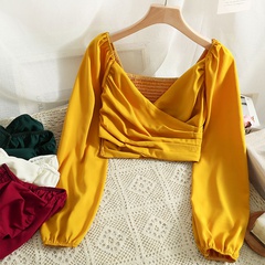 Women'S Casual Solid Color Polyester Ruched Crop Top Blouses