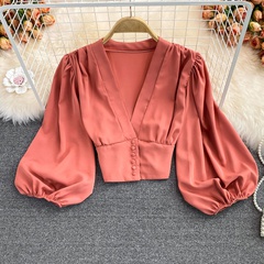 Women'S Fashion Solid Color Polyester Button Wrap Crop Top Blouses