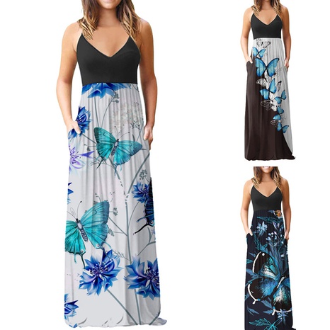 Fashion Butterfly Printing Strap Dress Maxi Long Dress Dresses's discount tags