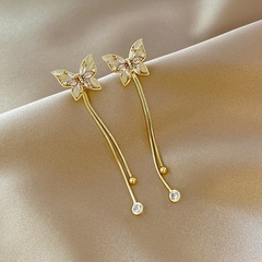 Women's Long Micro-Inlaid Tassel Butterfly Stud Earrings Detachable Dual-Wear High-Grade Graceful Earrings Cold Style Pearl Earrings