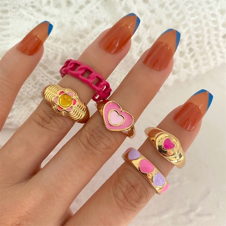 Korean Jewelry Oil Dripping Color Peach Heart Smiley Ring Cross-Border Fashion Multi-Layer Heart-Shaped Joint Index Finger Ring Suit's discount tags