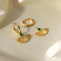 French New Retro Round Green Zircon Fan-Shaped Eardrops Earrings 14K Gold Stainless Steel Ear Ring Women 'S Earrings