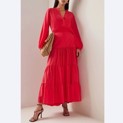 Mode Einfarbig V-Ausschnitt Lange Ärmel Rüschensaum Polyester Kleider Maxi Langes Kleid Normales Kleid