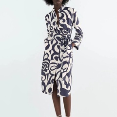 Fashion Printing Standing Collar Button Polyester Dresses Knee-Length Shirt Dress