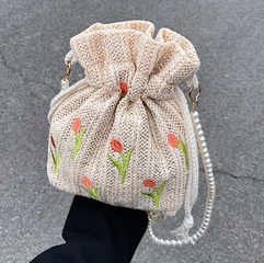 Women'S Fashion Solid Color Pearl Embroidery Soft Surface Bucket Drawstring buckle Bucket Bag Straw Shoulder Bags