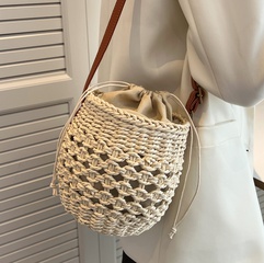 Women'S Fashion Solid Color Contrasting Colors Braid Soft Surface Bucket String Bucket Bag Straw Shoulder Bags