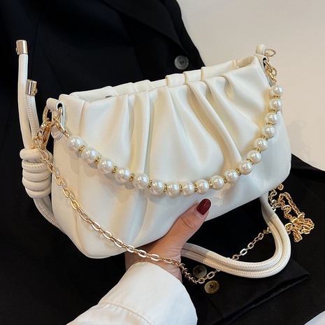 Women'S Fashion Solid Color Pearl Pleated Chain Zipper Crossbody Bag Pu Leather Shoulder Bags's discount tags