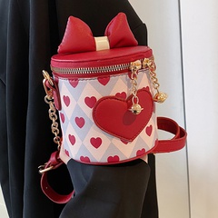 Women'S Fashion Heart Shape Printing Bow Knot Chain Bucket Zipper Crossbody Bag Bucket Bag Pu Leather Shoulder Bags
