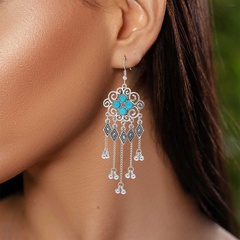 Vintage Style Square Tassel Alloy Inlay Turquoise Drop Earrings