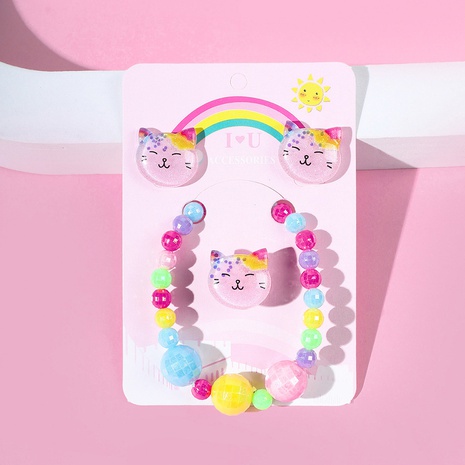 Cat Acrylic Handmade Beaded Earrings Ring Bracelet Set's discount tags