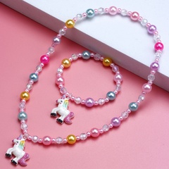 Unicorn Pendant Colorful Acrylic Handmade Beaded Necklace Bracelet Set