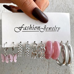 Creative Simple Pink pendant butterfly chain shape Acrylic alloy 5-piece hoop earrings Set