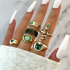 Fashion Cute Green Small Flower Snake-Shaped Heart Drop Oil 6-Piece Ring