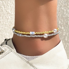 Fashion Bohemian Style Imitation Pearl Beaded Double Layer Anklet