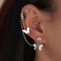 Simple Glossy Butterfly Sliver Alloy Stud Earrings Hollow Chain Ear Clip 3 Piece Set