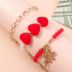 Fashion Pearl Red Heart Shaped  Rose Beaded Bracelet Set