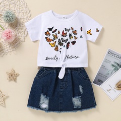 Girls' Colorful Butterfly Letter Printed Heart-Shaped Top and Broken Denim Skirt Suit