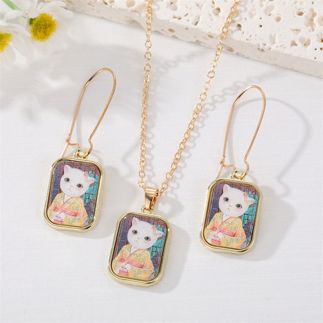 New Cute style Cat Oil Painting square pendant earrings's discount tags