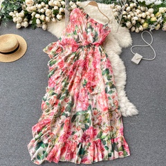 Diagonal one-word neck Ruffled Floral printed high waist Dress