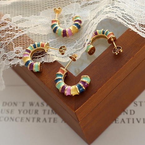 Retro Simple Fashion C- Shaped Bamboo Colorful Contrast Color Ear Studs Titanium Steel's discount tags