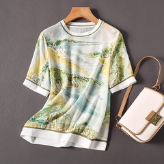 Casual Fashion Scenery Rayon Round Neck Short Sleeve Blouse Printing T-Shirts