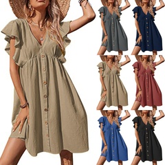 Lässig Mode Einfarbig V-Ausschnitt Kurzarm Taste Kleider Hemdkleid
