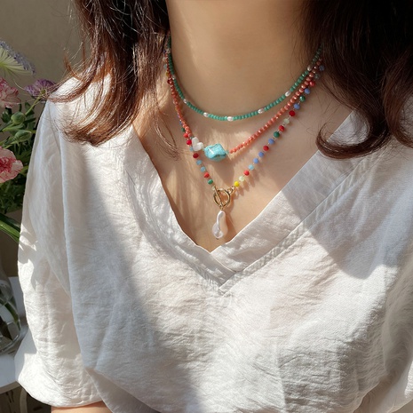 Mode Herzform Perlen Spleißen Perle Pastoral Türkis Halskette's discount tags