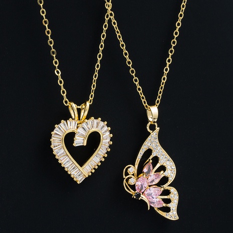 Fashion Heart Shape Butterfly Copper Pendant Necklace Inlay Zircon Copper Necklaces's discount tags
