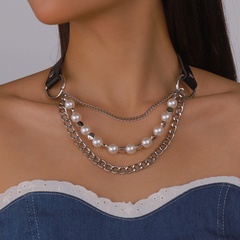 Fashion Solid Color Pu Leather Imitation Pearl Alloy Layered Chain Necklace