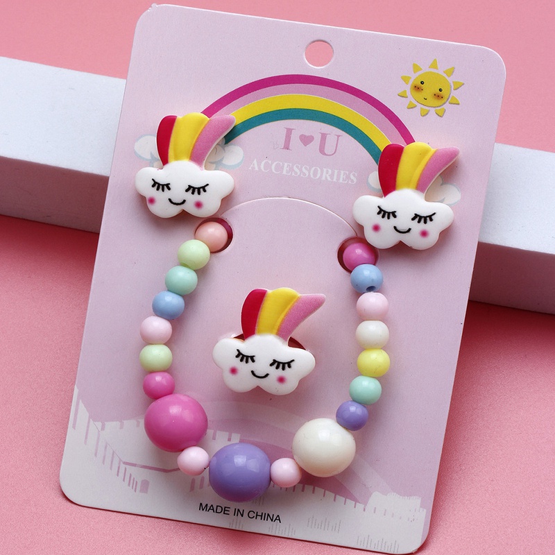 Cute Clouds Rainbow Resin Beaded No Inlaid Rings Bracelets Earrings 3 Piece Set