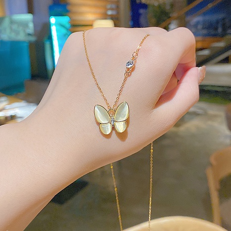 Mode Schmetterling Titan Stahl Halskette Eingelegtes Gold Opal Edelstahl Halsketten's discount tags