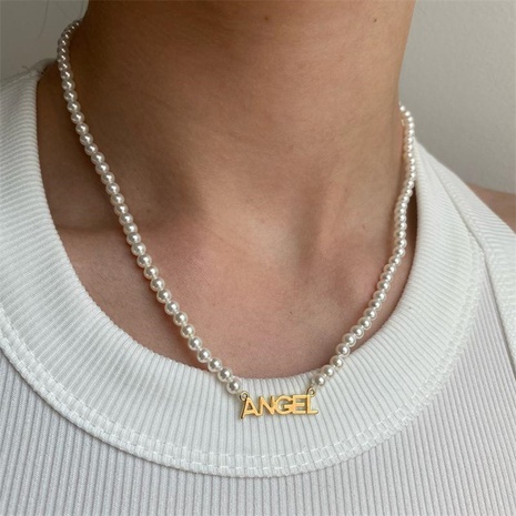 Fashion Letter Stainless Steel Necklace Artificial Pearls Stainless Steel Necklaces's discount tags