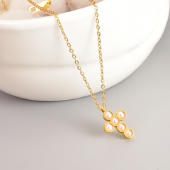 Fashion Cross Stainless Steel Pendant Necklace Inlay Artificial Pearl Stainless Steel Necklaces