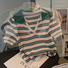 Casual Stripe Knit Short Sleeve T-shirt