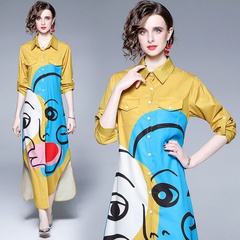 Fashion Color Block Turndown Long Sleeve Chiffon Dresses Maxi Long Dress Shirt Dress