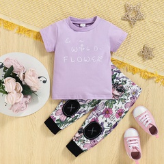 Casual Letter Flower Cotton Polyester Printing Splicing Pants Sets Baby Clothes