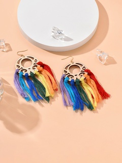 Ethnic Style Colorful Wood Straw Tassel Hollow Out Drop Earrings