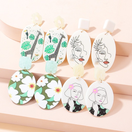 Fashion Portrait Flower Giraffe Arylic Slice Printing Painted Drop Earrings's discount tags