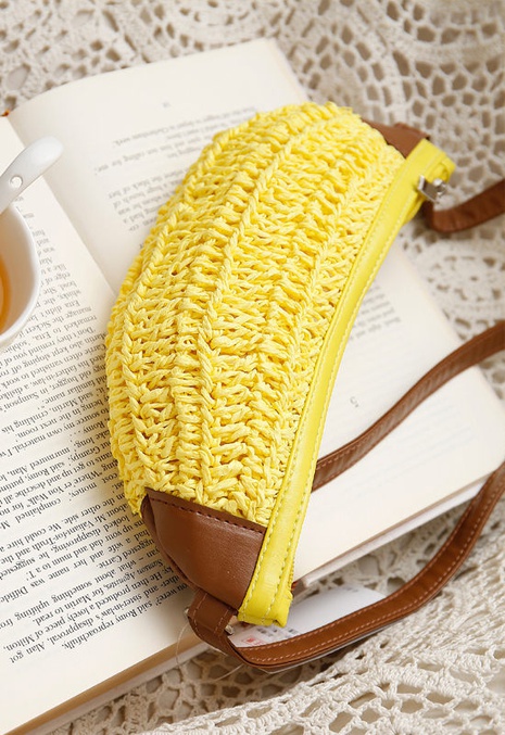 Cute Creative Banana Shape Hand-Woven Straw Messenger Bag Women's discount tags