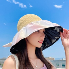 Women's Summer Fashion Gradient Color Cover Face Big Brim UV-Proof Straw Bucket Hat