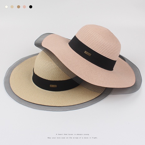 Women's Summer Fashion Seaside Broad-Brimmed Stitching Mesh Foldable Sun Protection Straw Sun Hat's discount tags
