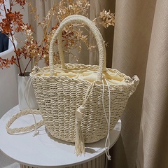 fashion square rhombic pattern drawstring tassel woven straw portable crossbody Bag