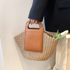 casual style medium capacity  PU leather woven straw tote bag