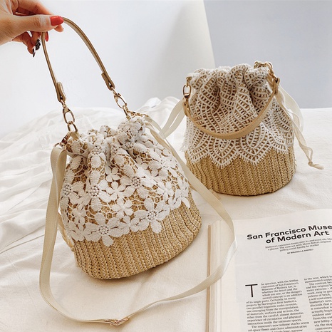 casual style cute square Portable flower pattern woven strawstring duffle Bag's discount tags